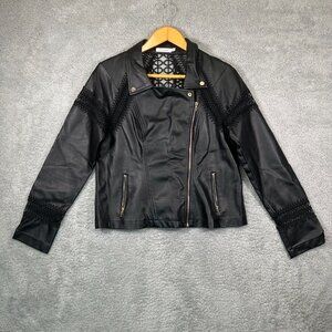 Shoedazzle Faux Leather Moto Jacket L Embroidered Crochet Asymmetrical Zip XXL‎
